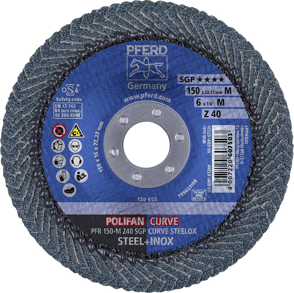 Slijpschijf met blauwe opdruk, merk 'Pferd', vervaardigd uit staal/slijpmiddelen, 150 mm diameter, geschikt voor metaalbewerking.