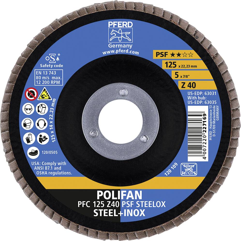 Slijpschijf met opschrift 'POLIFAN PFC 125 Z40 PSF STEELOX STEEL+INOX'. Diameter: 125 mm, Max. toerental: 12.200 t/min.