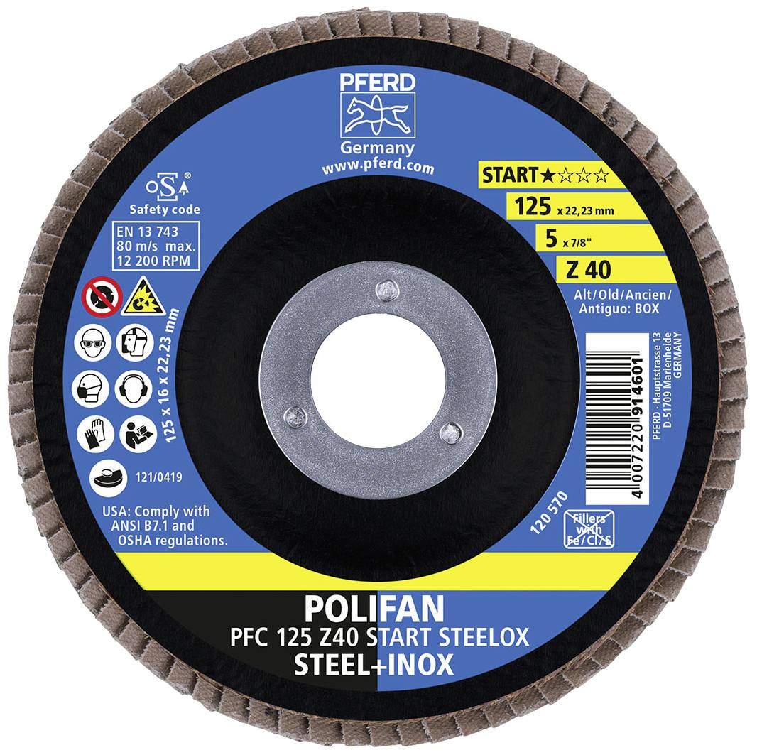 'Slijpschijf met opschrift: POLIFAN PFC 125 Z40 START STEELOX STEEL+INOX. Diameter: 125 mm. Gatdiameter: 22,23 mm.'