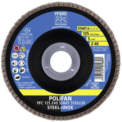 'Slijpschijf met opschrift: POLIFAN PFC 125 Z40 START STEELOX STEEL+INOX. Diameter: 125 mm. Gatdiameter: 22,23 mm.'