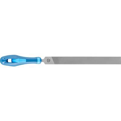 Een blauwe vijl met een ergonomische handgreep en een fijn metalen oppervlak.