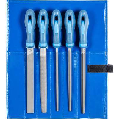 Vijf vijlen met blauwe handgrepen in een blauwe etui. Verschillende vijlvormen voor verschillende toepassingen.