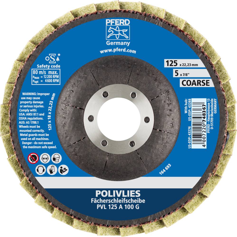 Waaierslipschijf 'POLIVLIES PVL 125 A 100 G', grof, max. 80 m/s, 12200 tpm. Veiligheids- en gebruiksaanwijzingen.