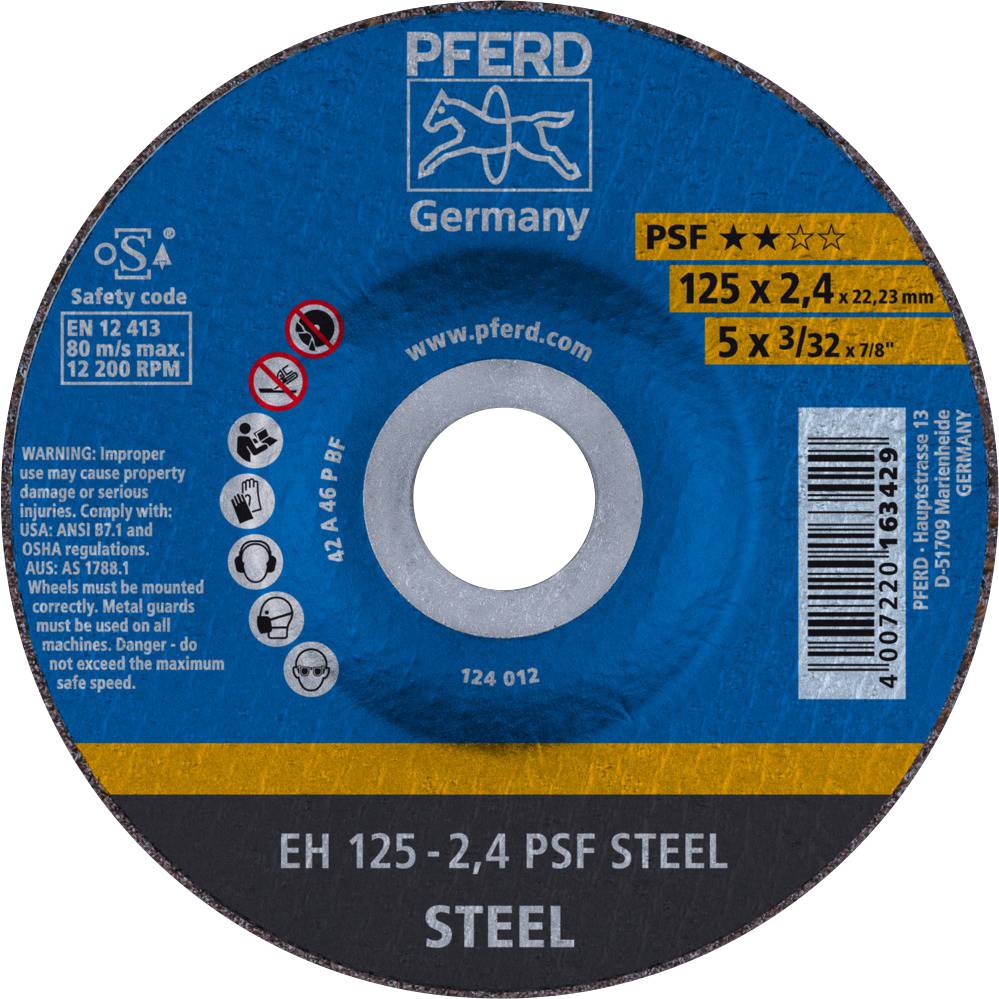'Grinding disc with PFERD logo, specifications: PSF 125 x 2.4 mm for steel. Safety instructions: max. 80 m/s, 12200 rpm.'