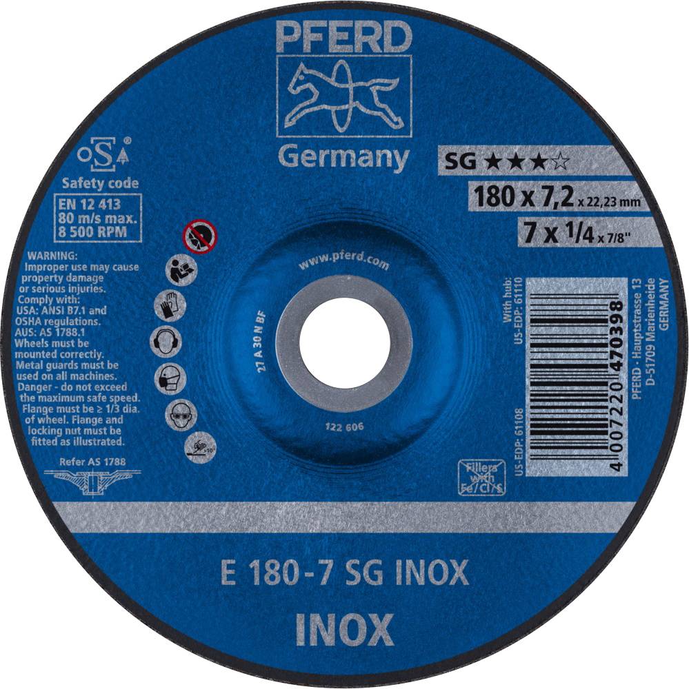 PFERD TOOLS 62217632 Sg Inox Afbraamschijf gebogen Diameter 180 mm Boordiameter 22.23 mm 10 stuk(s)