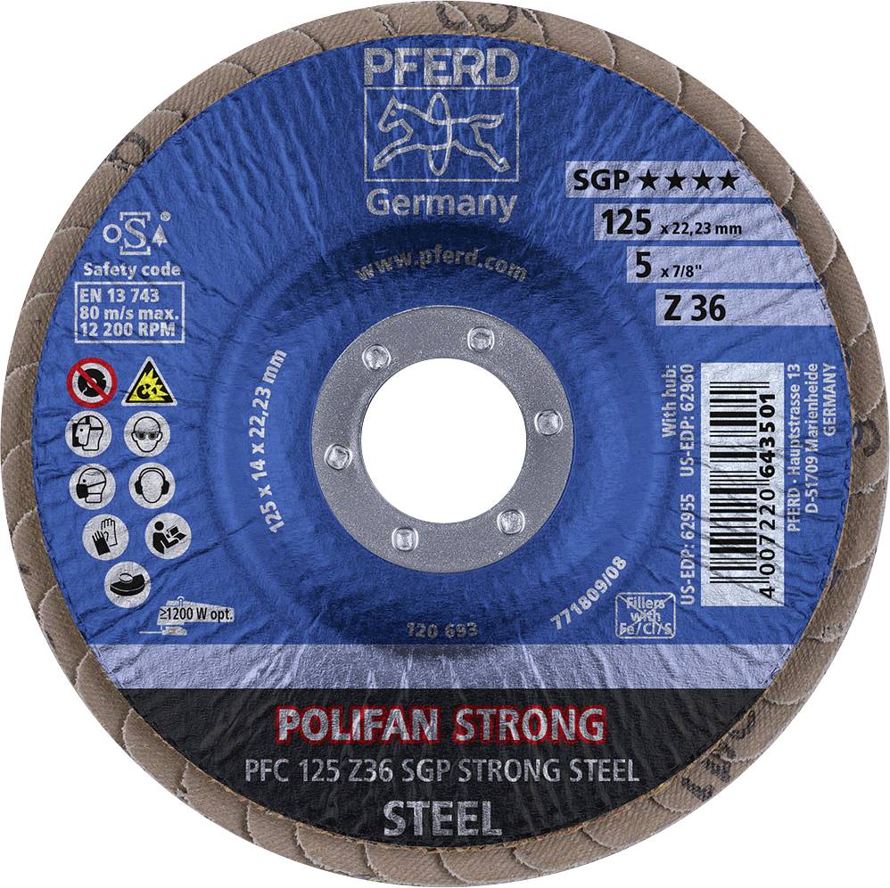 'PFERD POLIFAN STRONG' slijpschijf met veiligheidscode en technische specificaties zoals 125 mm diameter, type SGP, max. 12200 omw/min, geschikt voor hard staal.