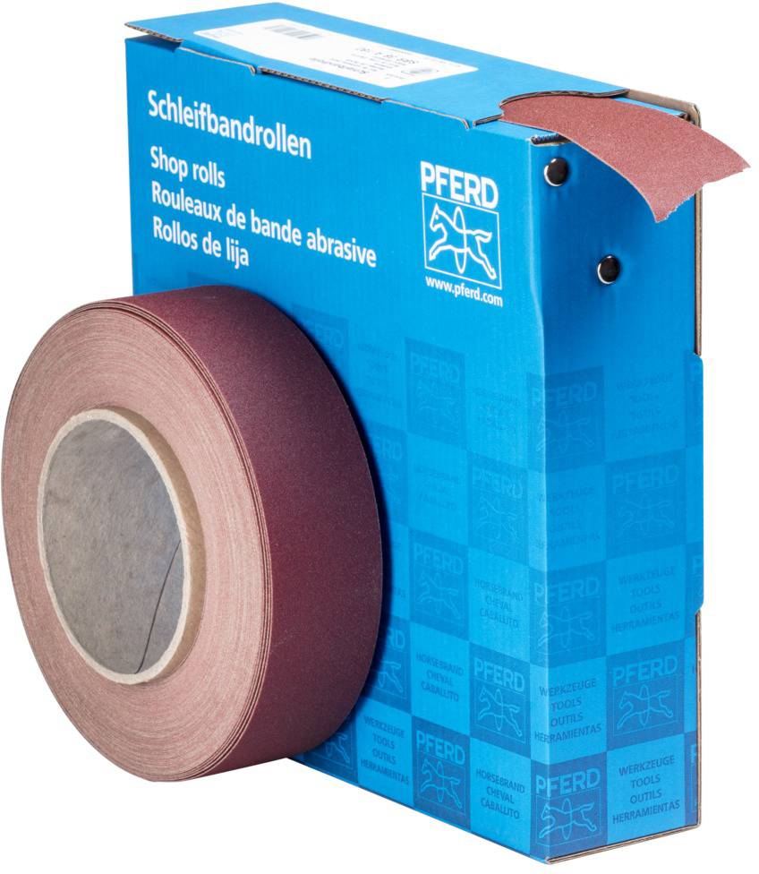 Een blauwe doos met het opschrift 'Schuurbandrollen'. Daarin bevindt zich een rol rood schuurpapier die uitsteekt.