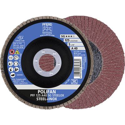 Een POLIFAN-lamellenschijf van het merk PFERD, geschikt voor staal en roestvrij staal, 125 mm diameter, 5 mm dikte, korrelgrootte A40, veiligheids- en productinformatie bedrukt.