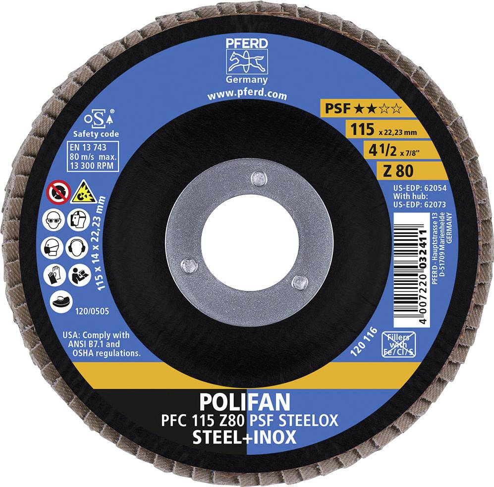Slijpschijf, merk Pferd, model Polifan, type PFC 115 Z80 PSF. Diameter 115 mm, hoogte 22,23 mm, geschikt voor staal en inox, maximaal 13.300 tpm.