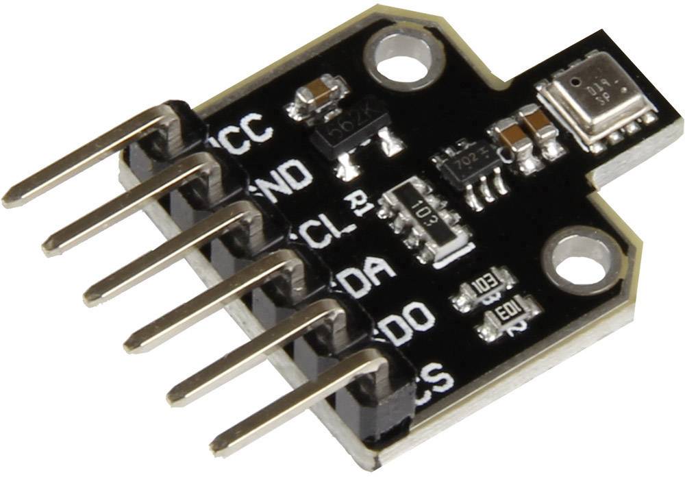 Elektronisch onderdeel met vijf pinnen, gemarkeerd met 'VCC', 'GND', 'SCL', 'SDA', 'ODO'. Voornamelijk zwart met zilveren contactpunten.