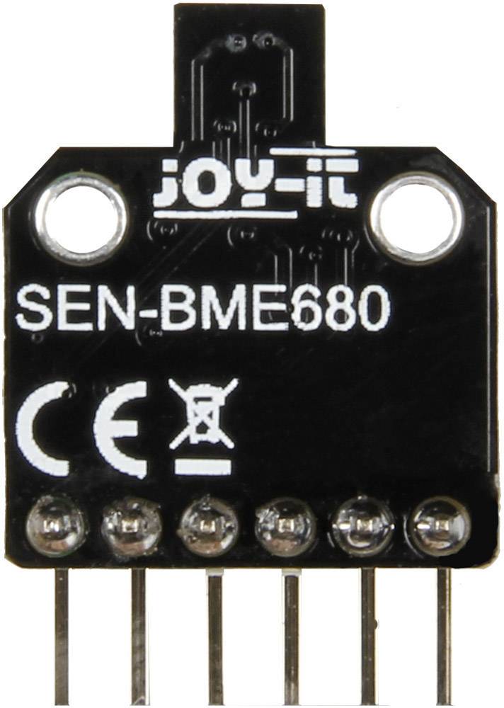 Een zwarte sensorchip met het opschrift 'SEN-BME680' en 'JOY-iT'. Toont verschillende contactpinnen aan de onderkant.