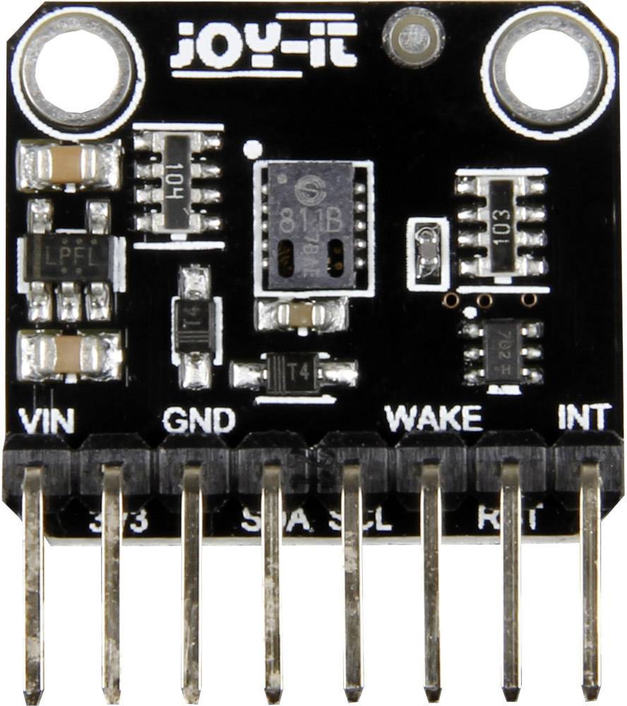 Microcontroller-chip met meerdere aansluitingen voor VIN, GND, WAKE, INT. Bovenaan staat 'JOY-IT'.