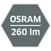 Zeshoekig logo met de tekst 'OSRAM 260 lm' in het wit op een grijze achtergrond, symboliseert lichtsterkte in lumen.