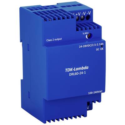 Blauw schakelnetvoedingsapparaat van TDK-Lambda, model DRL60-24-1, met ingang 100-240VAC en uitgang 24-28VDC/2.5-2.14A.