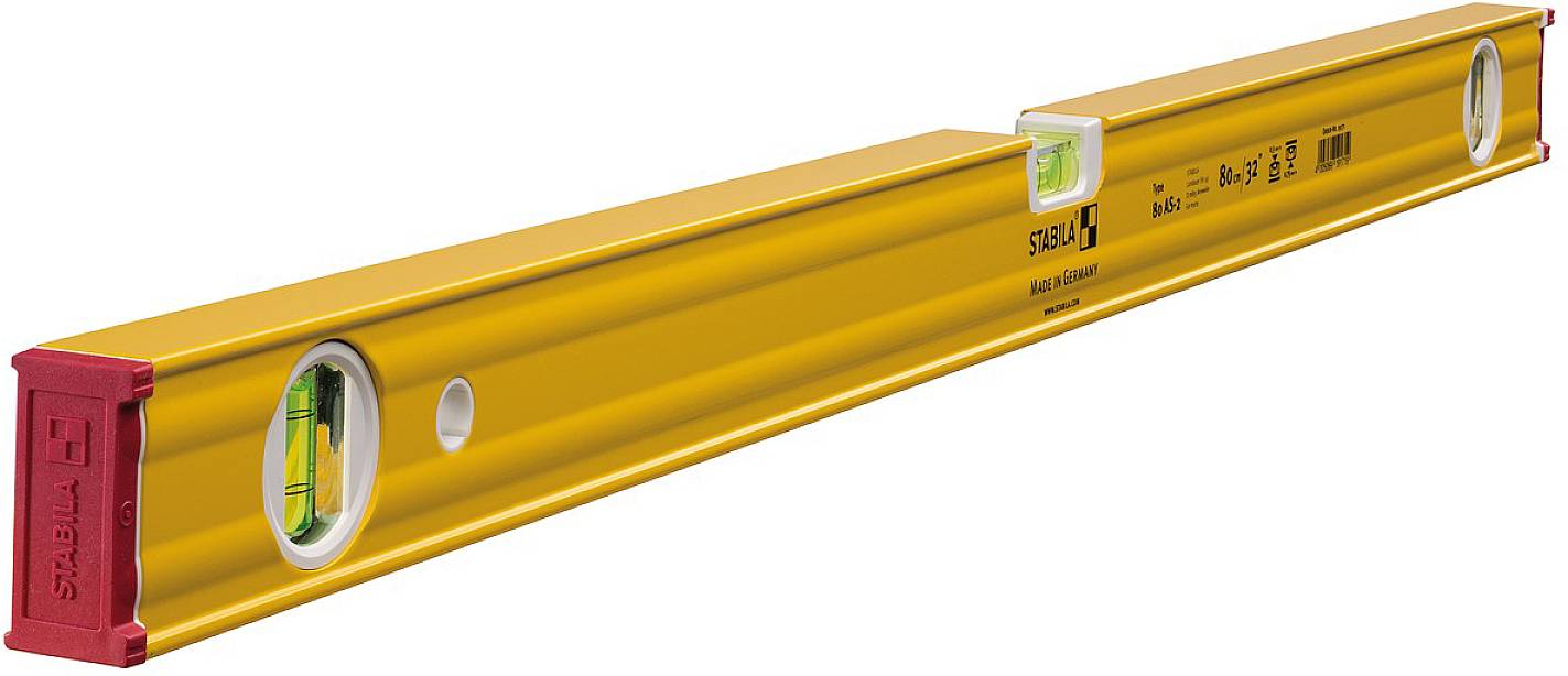 Waterpas met gele behuizing, rode uiteinden en twee geïntegreerde libellen voor nivellering. Gereedschap voor nauwkeurige uitlijning.