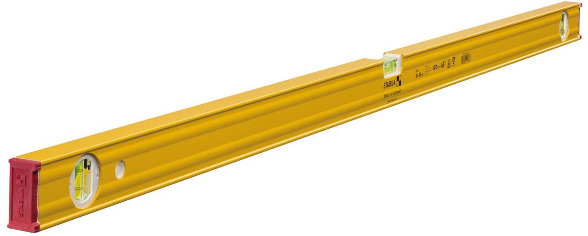 Gele waterpas met twee libellen voor horizontale en verticale uitlijning. Aan één uiteinde is hij rood gemarkeerd.