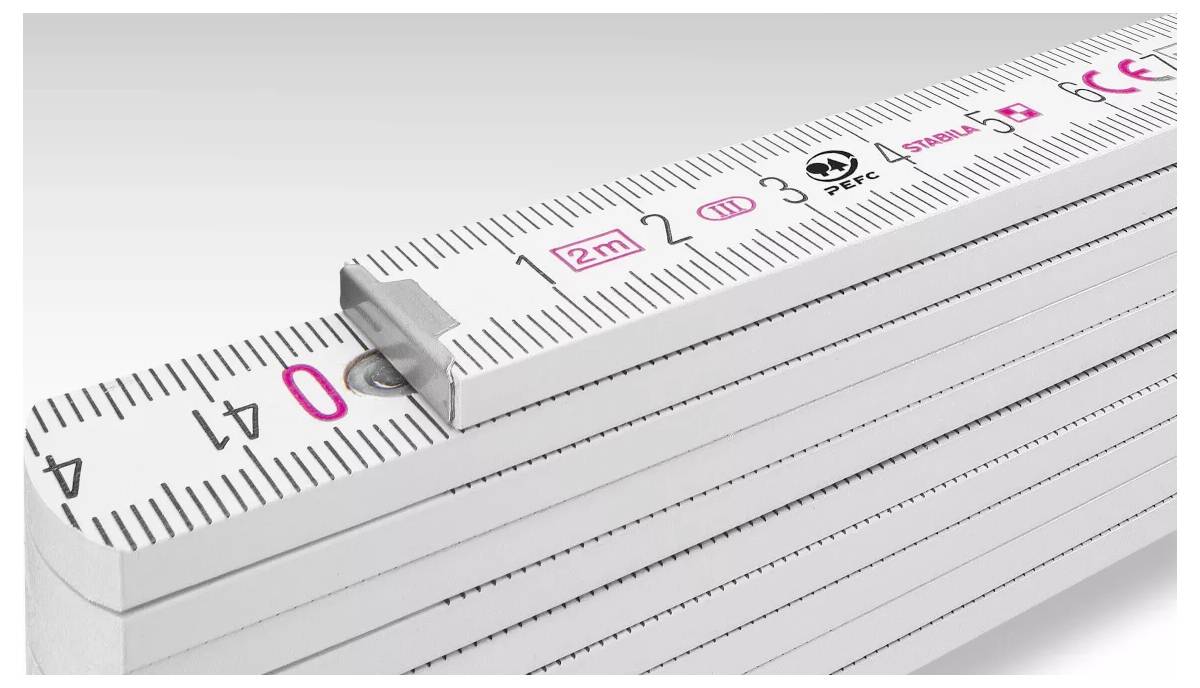 Opvouwbare meetstok met centimeter- en duimmarkeringen, uitgeklapt tot 41 cm. Aanduiding voor verzegeling zichtbaar.