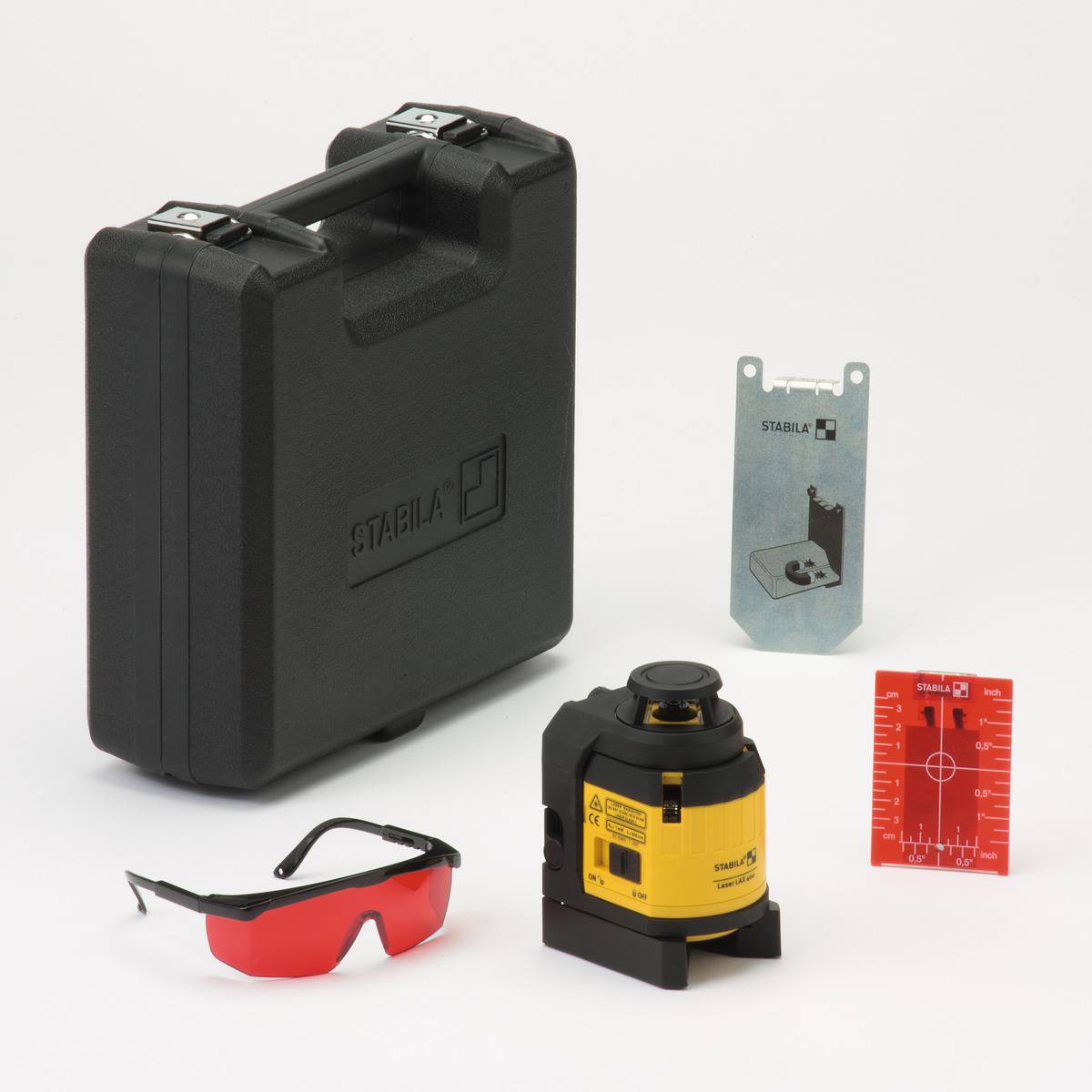 Kruislijnen laserset met laser, veiligheidsbril, doelwittabel en transportkoffer, geschikt voor nauwkeurige bouw- en meetwerkzaamheden.