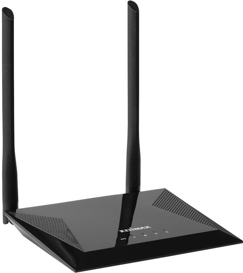 Een zwarte wifi-router met twee antennes, een plat design en LED-indicatoren aan de voorkant.