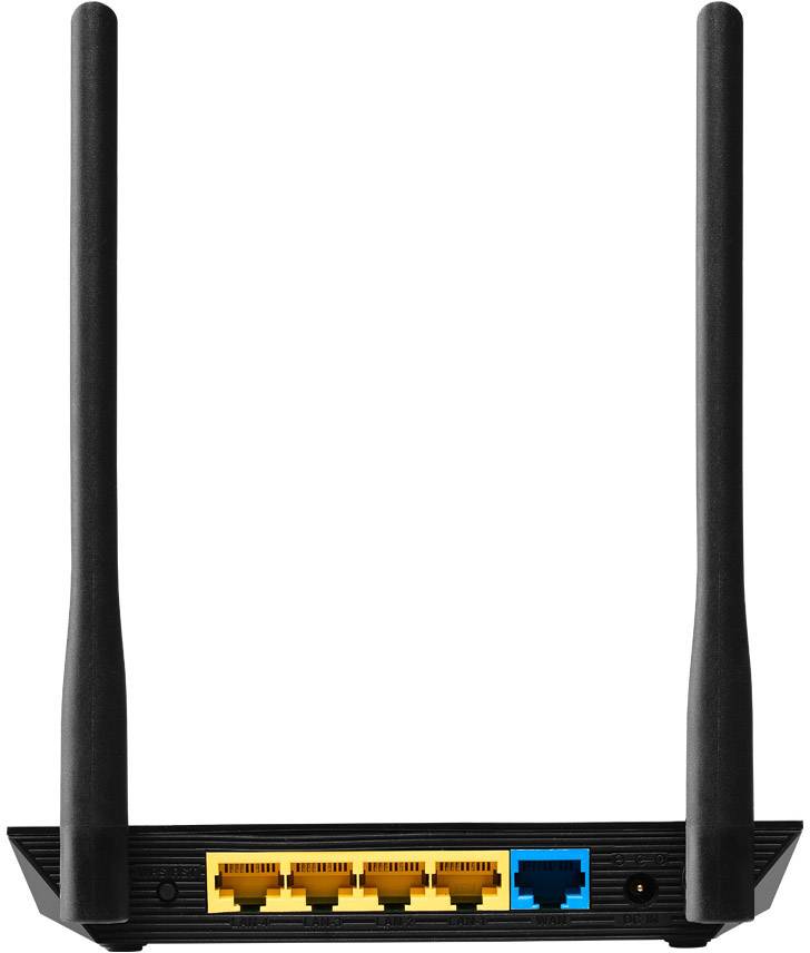 Achterkant van een WiFi-router met twee antennes, vier gele LAN-aansluitingen en een blauwe WAN-aansluiting.
