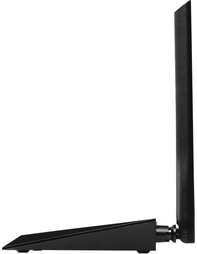 Een zwarte, rechtopstaande WLAN-adapter met antenne, gezien van opzij. Essentieel voor de draadloze internetverbinding.