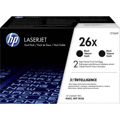 'HP LaserJet 26X' dubbelpak tonercartridges voor printer M402 en MFP M426. Opschrift: 'JetIntelligence, Hoge drukcapaciteit.'