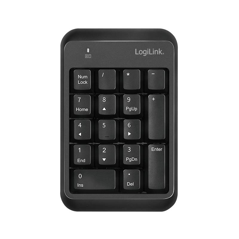 Een apart numeriek toetsenblok met zwarte toetsen, inclusief toetsen voor cijfers en functies zoals 'Num Lock', '+', '-' en 'Enter'.