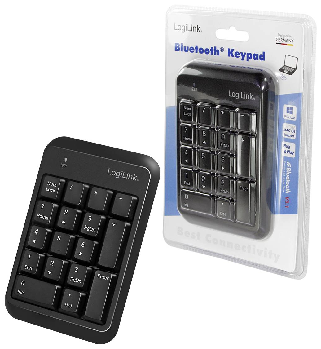 'LogiLink Bluetooth numeriek toetsenblok met 18 toetsen, draadloos, zwart design. Verpakking toont compatibiliteit met laptop en pc.'