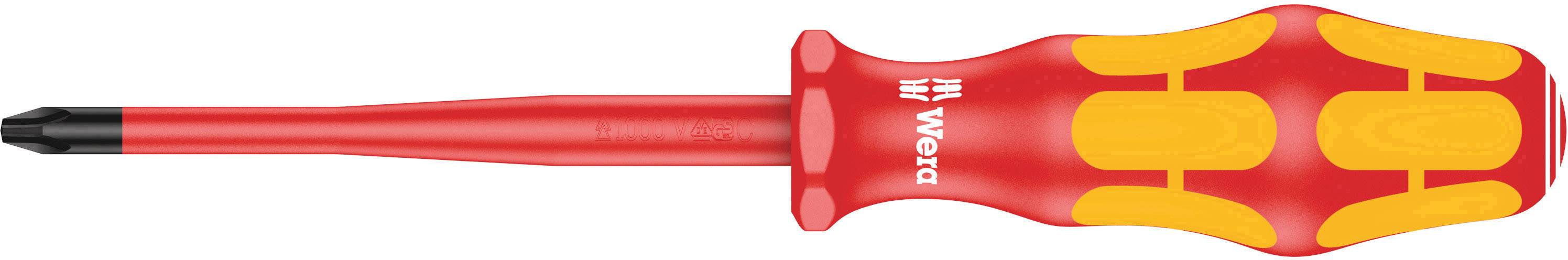 Een rode schroevendraaier met gele handgrepen, gemarkeerd met 'Wera'. Geschikt voor precisie-schroefwerk.