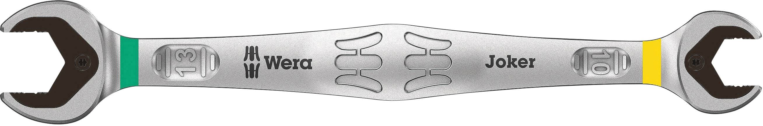 'Wera Joker' steeksleutel met open uiteinden, voorzien van een groene en een gele ring. Afgerond ontwerp met fabrikantslogo.