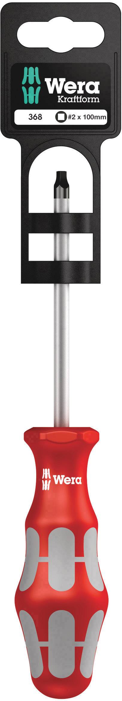 Schroevendraaier met rode, ergonomische greep en zilveren lemmet. Verpakking toont merk 'Wera' en maataanduiding '#2 x 100 mm'.