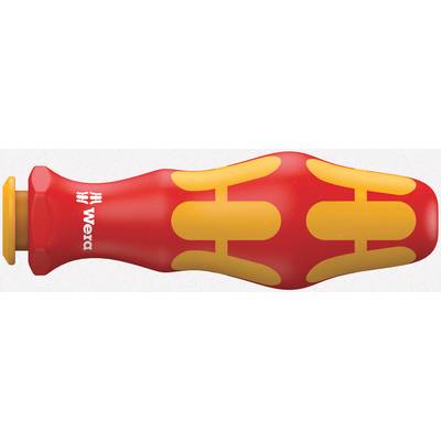 Rode schroevendraaiergreep met gele ergonomische patronen en het merk 'Wera' erop. Geschikt voor ambachtelijk werk.