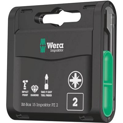 Zwarte doos met 'Wera Impaktor' logo. Bevat PZ 2-bits, geschikt voor zware belastingen. Groene openingsknop rechts.