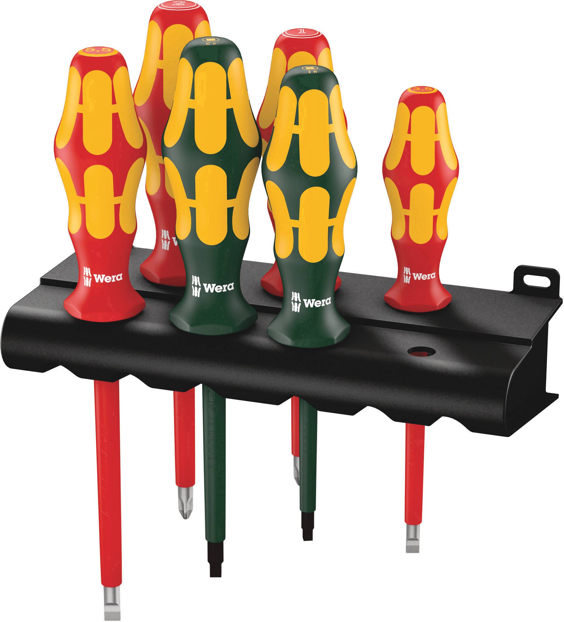 Zes schroevendraaiers met ergonomische handgrepen in verschillende kleuren en vormen, gemonteerd in een zwarte houder.