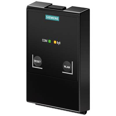 Zwart Siemens WLAN-module met 'RESET' en 'WLAN' knoppen. Toont COM-status met LED-indicatoren. Gebruikt voor draadloze netwerkverbinding.