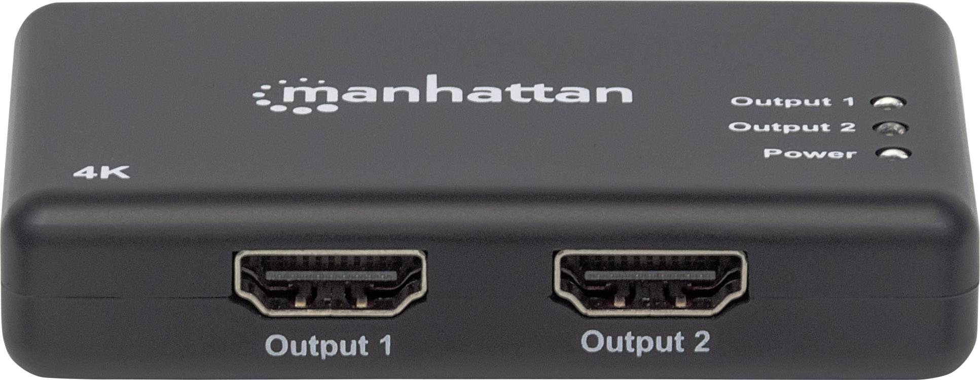Zwarte Manhattan 4K HDMI-Splitter met twee HDMI-uitgangen 'Output 1' en 'Output 2', alsmede LED-indicatoren voor uitgangen en stroomvoorziening.