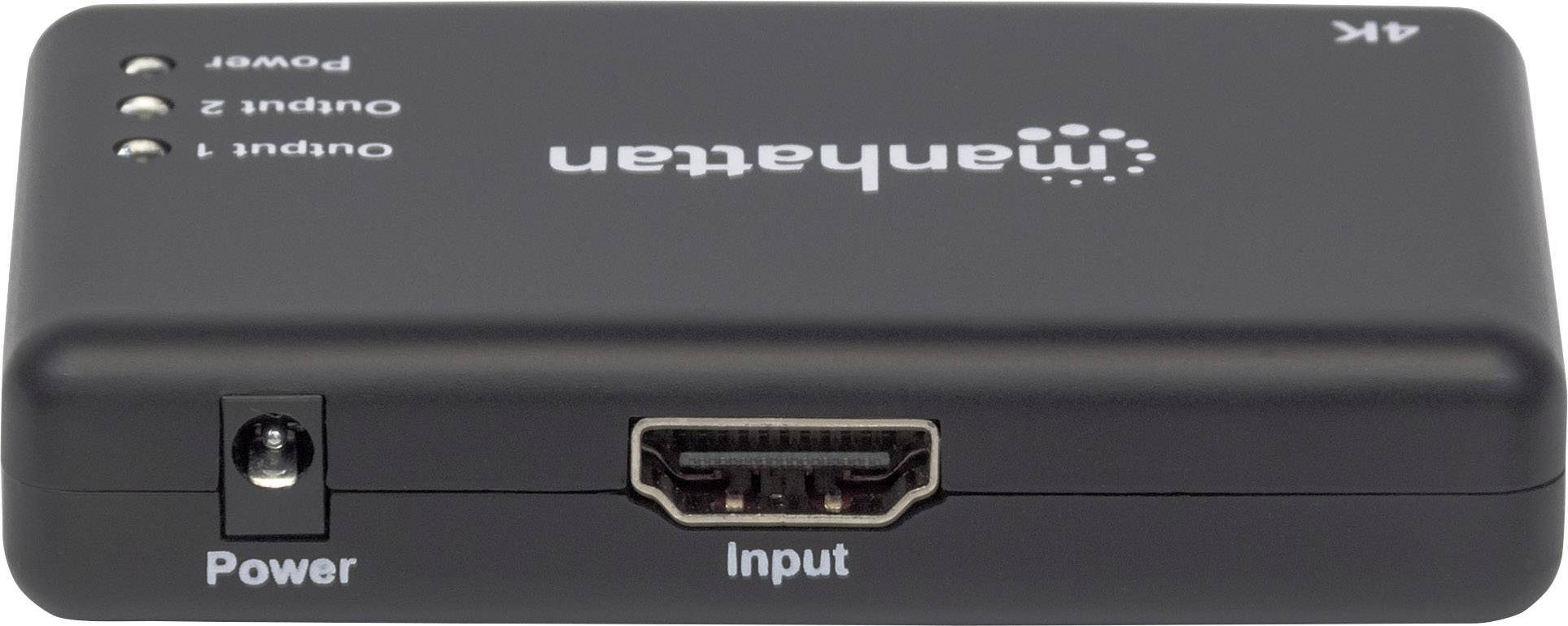 Zwarte HDMI-splitter met drie uitgangen voor 'Power', 'Uitgang 1' en 'Uitgang 2' en één ingang. Markering '4K' rechtsboven.