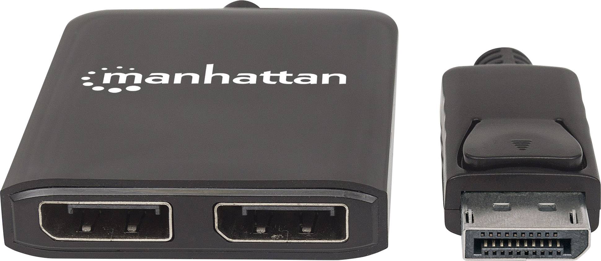Een DisplayPort-naar-HDMI-adapter van Manhattan met twee HDMI-poorten, geschikt voor het verbinden van DisplayPort-apparaten met HDMI-kabels.