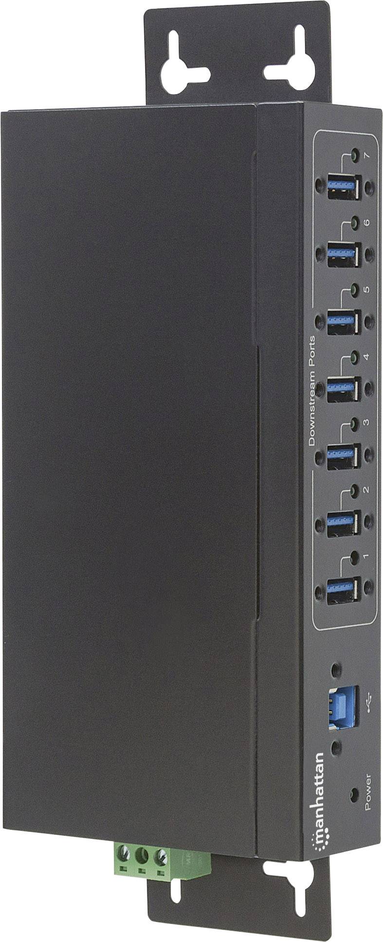 Zwart, verticaal gemonteerd USB-hub-apparaat met meerdere USB-poorten. Drie groene aansluitklemmen onderaan.