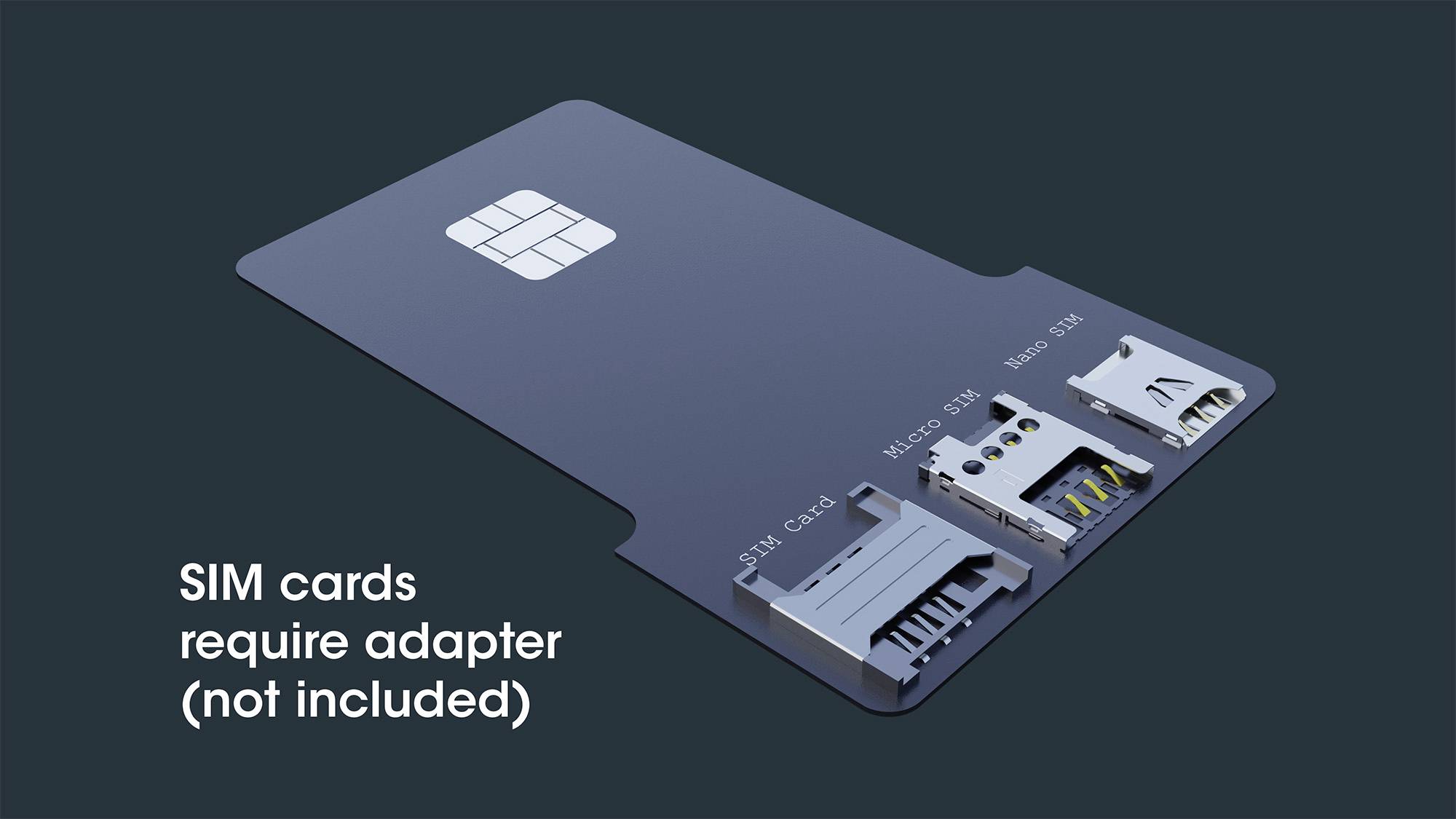Adapter voor SIM-kaarten wordt getoond; hij ondersteunt Mini, Micro en Nano SIM's. Tekst: 'SIM-kaarten vereisen adapter (niet inbegrepen)'.