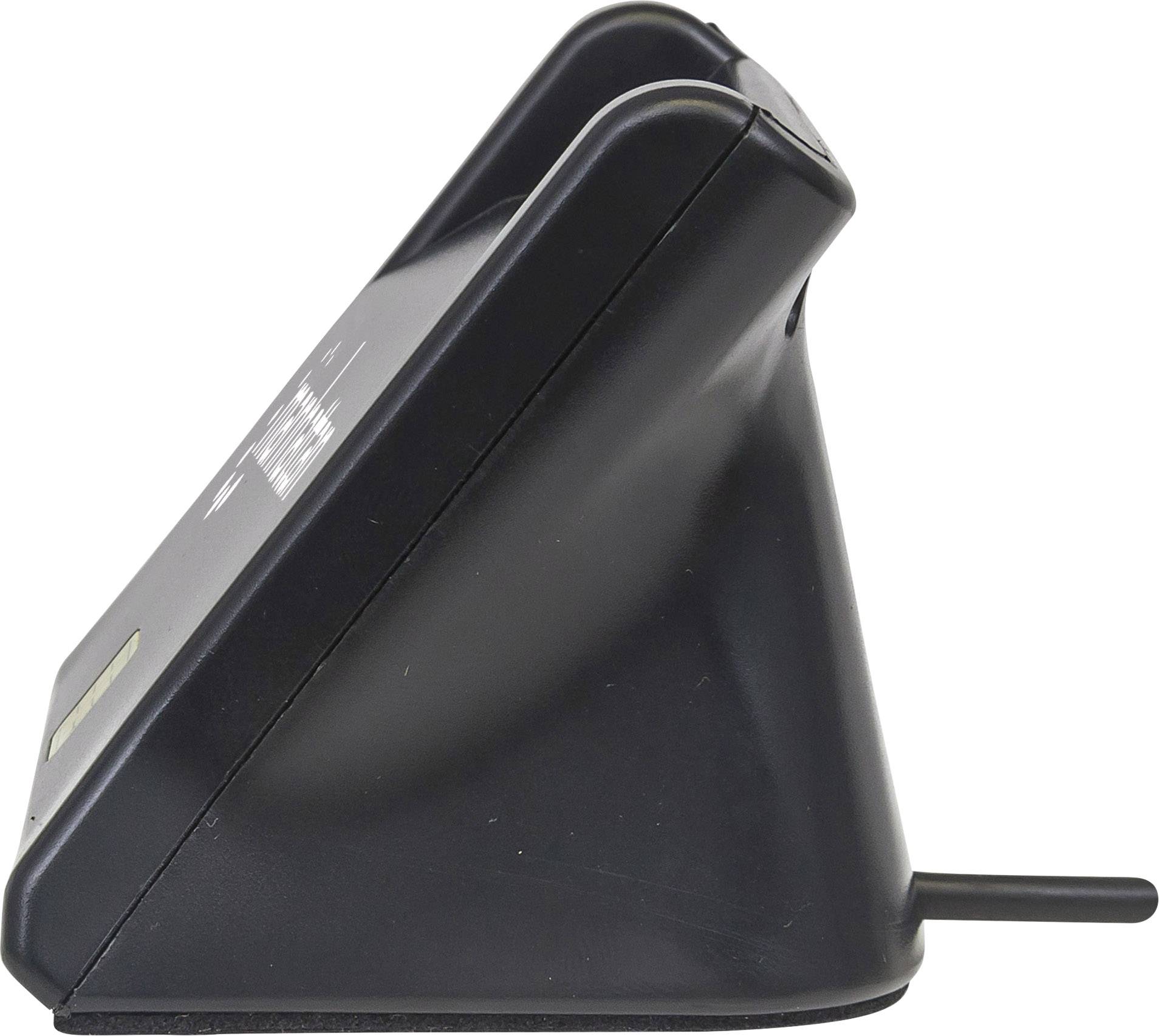 Een zwart, schuin apparaat, vermoedelijk een laadstation met antenne. Zijaanzicht, geen zichtbare aansluitingen.