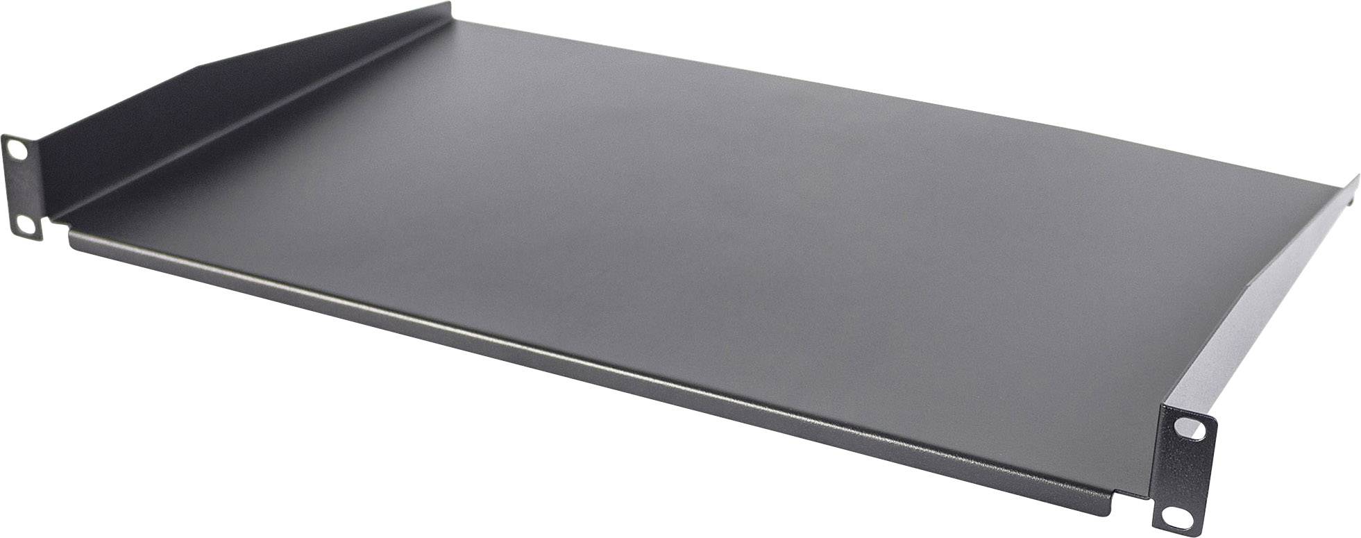 Zwart rack-montagebord met zijdelingse bevestigingsoren, geschikt voor integratie in gestandaardiseerde IT-racks.