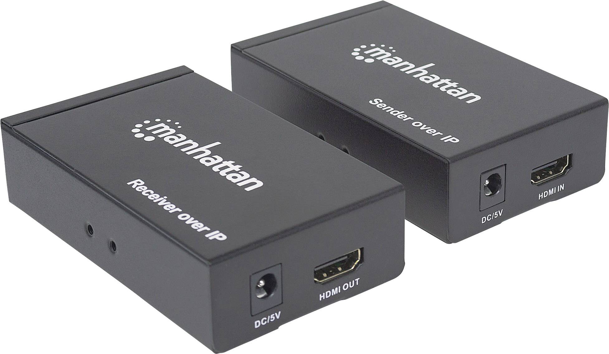 Twee zwarte HDMI-over-IP-apparaten, een zender en een ontvanger, met HDMI-aansluitingen en voedingspoorten, merk 'Manhattan'.