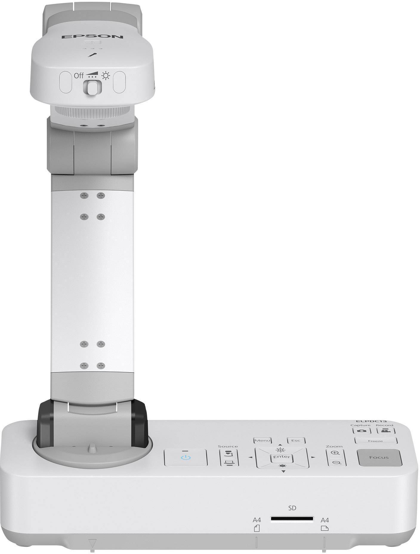 Een documentcamera-model van Epson met bedieningselementen en een SD-kaartsleuf, geschikt voor het presenteren van documenten.