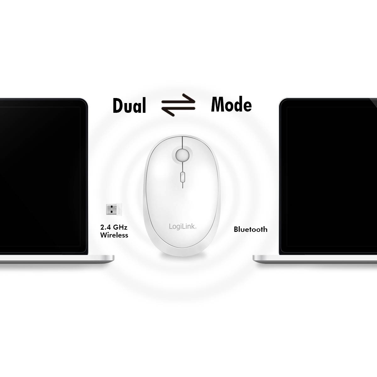 'Dual-Mode' toont een draadloze computermuis tussen twee laptops, verbonden via 2,4 GHz Wireless en Bluetooth.