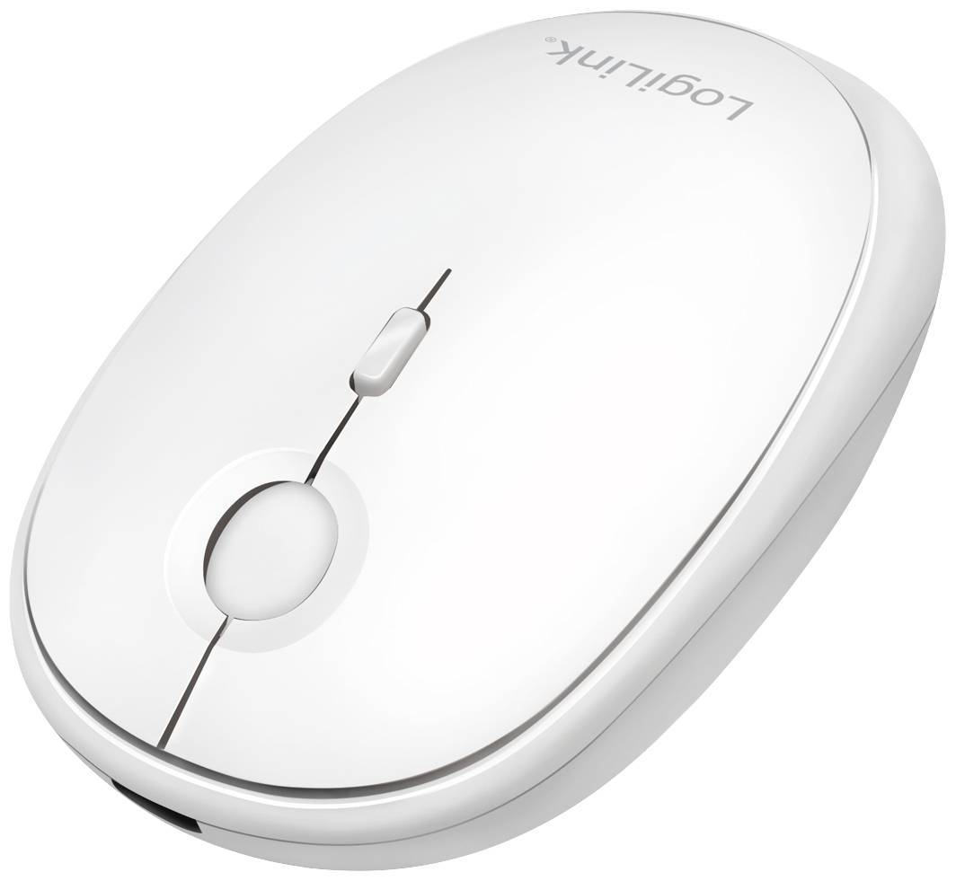 Witte, draadloze computermuis met twee knoppen en een scrollwiel in het midden, geschikt voor mobiel gebruik.