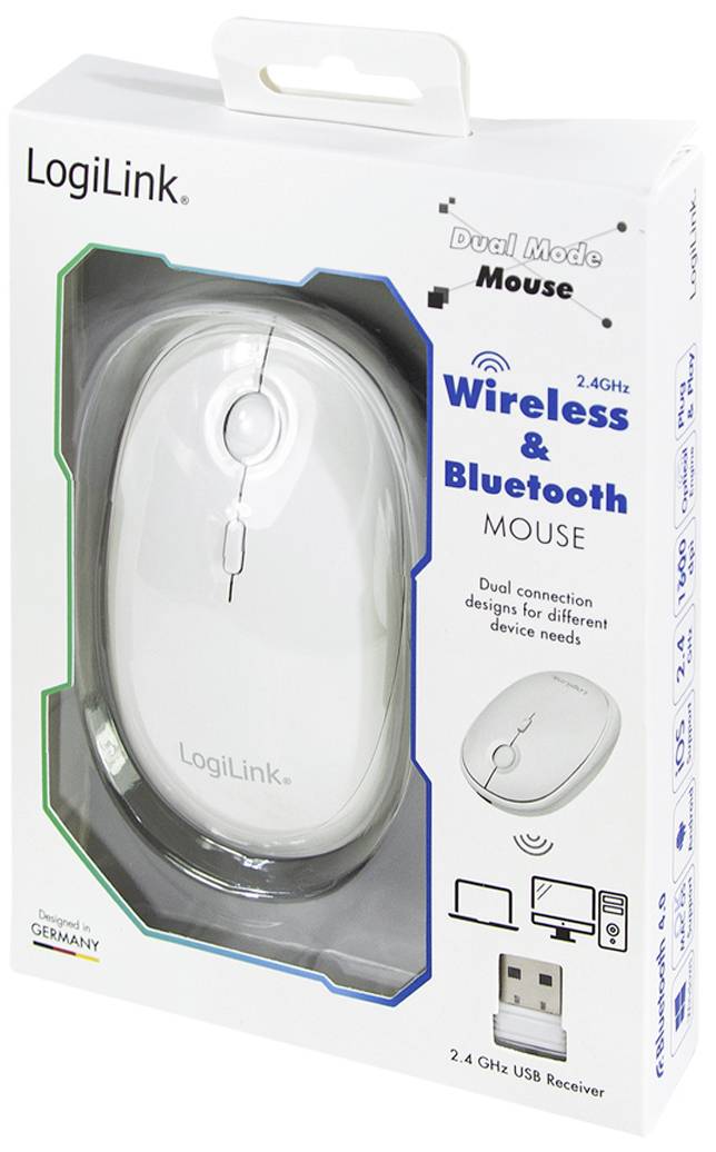 Verpakking van een witte draadloze muis van LogiLink met dubbele modus voor 2,4 GHz en Bluetooth. Ondersteunt verschillende apparaattypen. Inclusief USB-ontvanger.