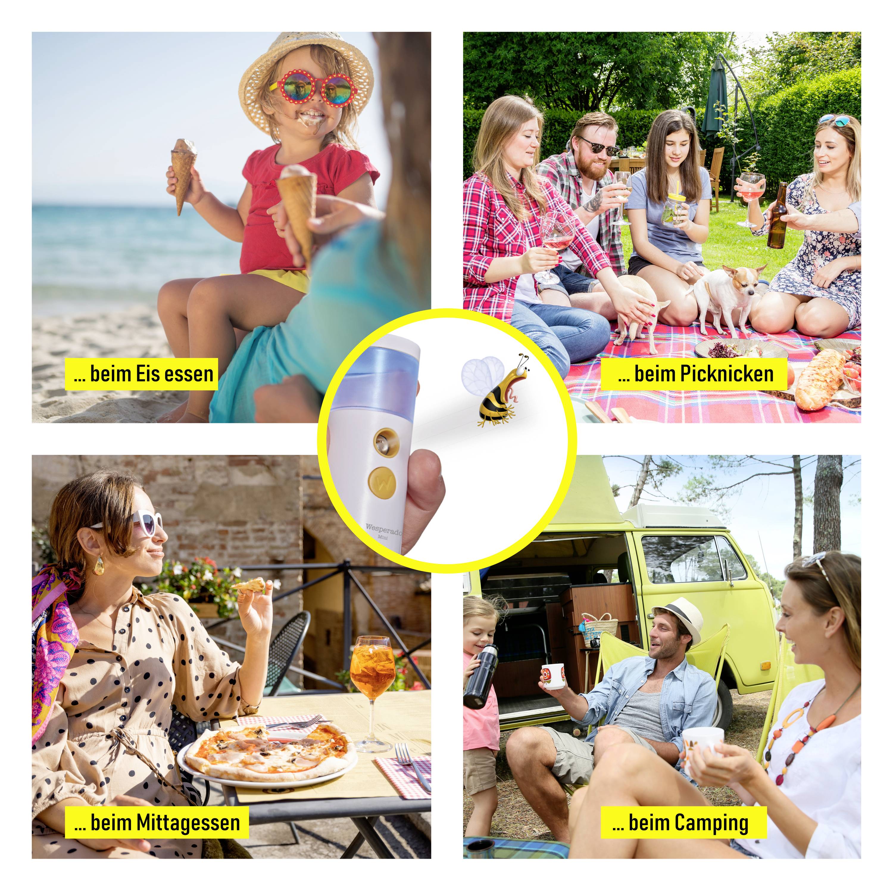 Vier foto's tonen mensen die buiten eten en drinken: ijsje eten op het strand, picknicken, lunchen en kamperen. Een wesp in het centrum verbindt de taferelen.