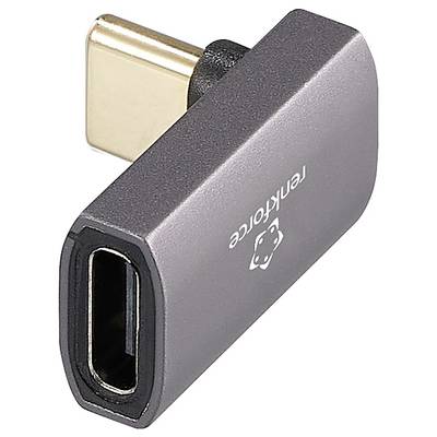 USB-C naar USB-A adapter close-up, grijs behuizing met zilveren opschrift, compact en draagbaar, gebruikt voor het aansluiten van oudere apparaten.