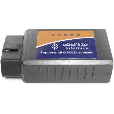 Een OBD-II-diagnoseapparaat met opschrift 'ELM 327 Interface', ondersteunt alle OBD-II-protocollen, Bluetooth-compatibel.